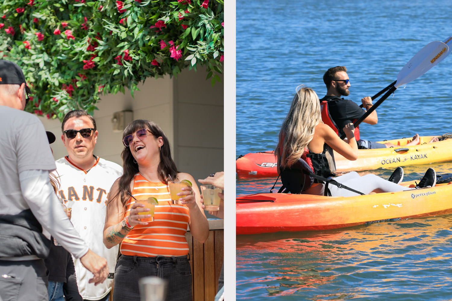 Split image: Left, people mingle and laugh at an outdoor gathering; right, two people kayak together on calm blue water under sunny skies—capturing the official start of vacation season.