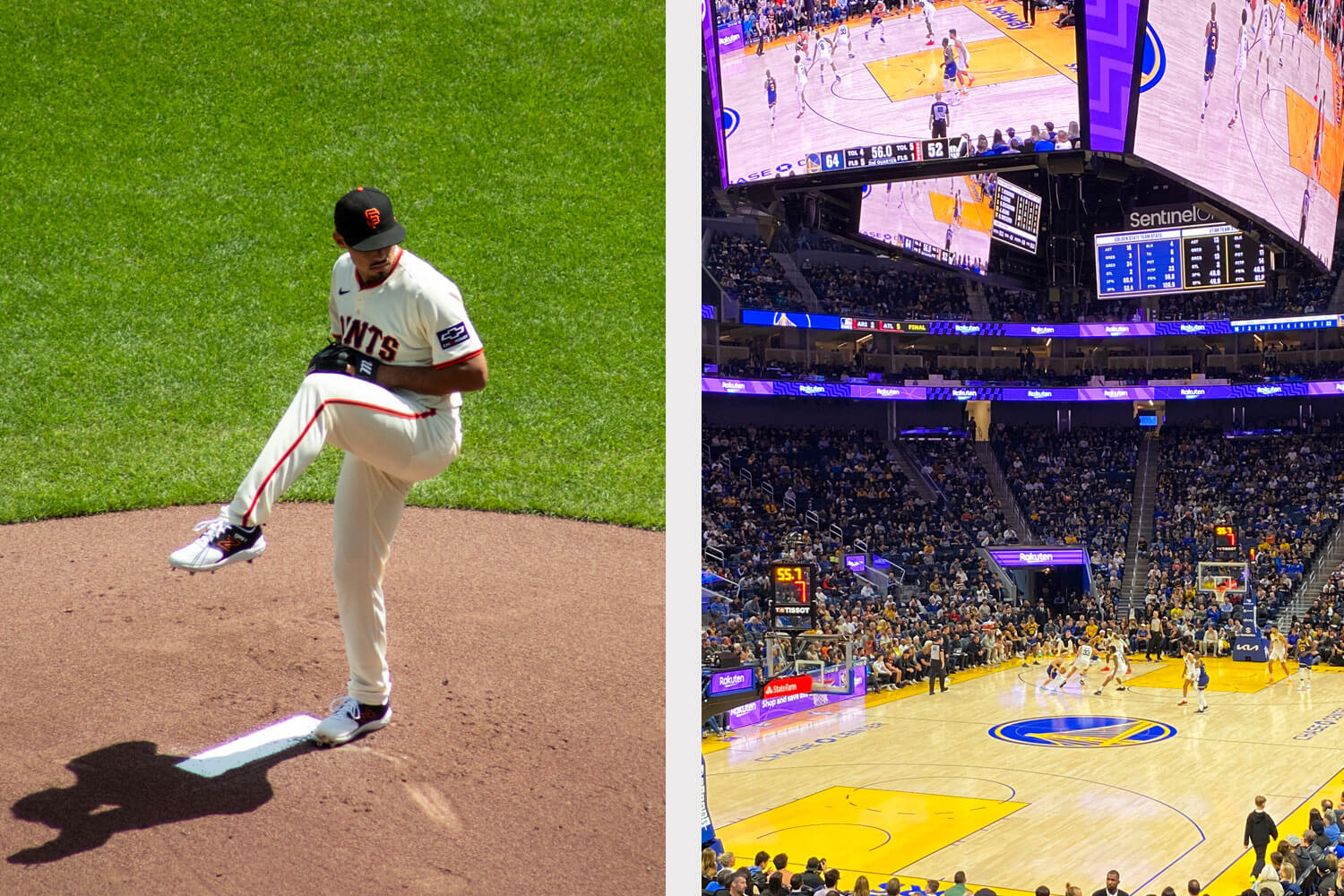 Split image: Left shows a baseball player pitching on a mound; right captures an indoor basketball game in progress, with a large screen displaying the action. It doesn't get better, blending the intensity of America's favorite pastimes into one exhilarating scene.
